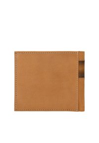 Portafoglio in pelle marrone con una texture liscia, forma rettangolare e cuciture visibili, dotato di una fessura laterale per carte.