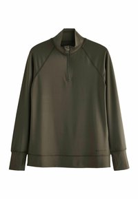 Pulover verde măsliniu cu mânecă lungă, realizat dintr-un material neted și elastic, având un guler cu jumătate de fermoar și mâneci raglan pentru o mobilitate sporită.