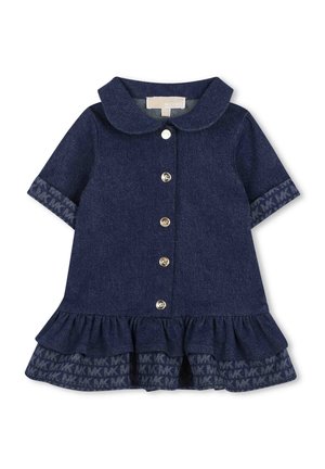 Robe bleu marine pour tout-petit avec col arrondi, boutons dorés sur le devant, ourlet volanté et logos MK imprimés sur les poignets des manches et le volant inférieur.