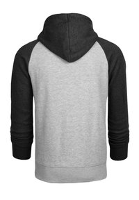 Kapuzenpullover mit grauem Körper und schwarzen Raglanärmeln. Hergestellt aus weichem Stoff, mit gerippten Bündchen und Saum, im sportlichen Design.