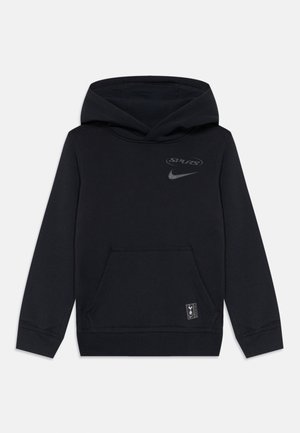 Mustahuppari, joka on valmistettu pehmeästä kankaasta. Siinä on kenguru-tasku, säädettävä huppu ja painetut logot "SPURS" ja "Nike" harmaana.