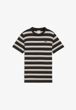 T-shirt rayé noir et crème avec un col rond et des manches courtes. Présente un petit logo Puma sur le côté gauche de la poitrine. Matière en coton.