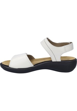 White leather sandals with an open toe, two straps, a cushioned insole, and a black, wedge-style rubber sole. Flat stitching detail.