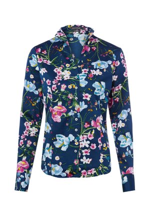 Dunkelblaues, langärmliges Hemd mit Knopfleiste, bedruckt mit einem mehrfarbigen Blumenmuster aus pinken, weißen und hellblauen Blumen sowie grünen Stielen.