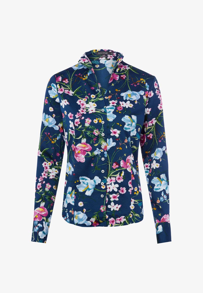 Dunkelblaues, langärmliges Hemd mit Knopfleiste, bedruckt mit einem mehrfarbigen Blumenmuster aus pinken, weißen und hellblauen Blumen sowie grünen Stielen.