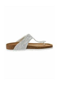 Grå texturerad flip-flop sandal med korkfotbädd, vit sula och ett dekorativt band med ett bladmönster.
