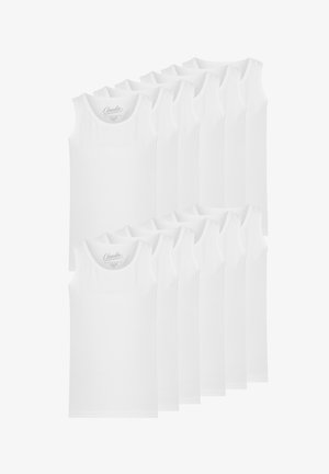 Pakke med 12 hvide bomulds tanktoppe med klassisk snit, rund halsudskæring og uden mønstre eller detaljer. Blød, glat tekstur hele vejen igennem.