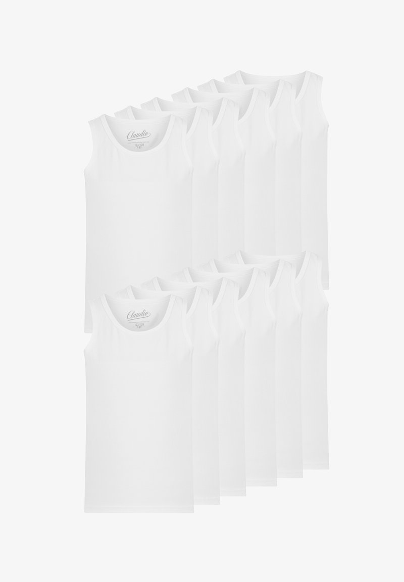 Pakke med 12 hvide bomulds tanktoppe med klassisk snit, rund halsudskæring og uden mønstre eller detaljer. Blød, glat tekstur hele vejen igennem.