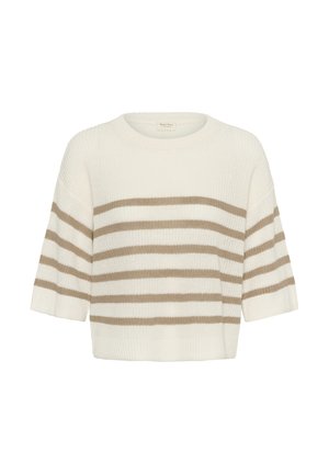 Cremefarbener Strickpullover mit kurzen Ärmeln, braunen horizontalen Streifen und rundem Ausschnitt.