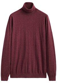 Burgunderfarbener Rollkragenpullover aus weichem, strukturiertem Stoff. Verfügt über lange Ärmel und einen taillierten Saum. Einfaches, unauffälliges Design.