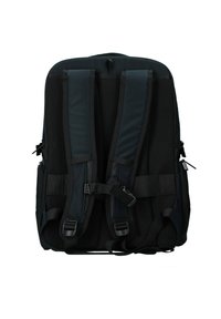 Zaino nero con spallacci imbottiti e regolabili, tessuto a rete per traspirabilità e numerosi scomparti con zip per lo stoccaggio.