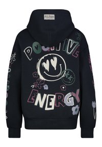 Schwarzer Hoodie mit buntem Text "Positive Energy", herzaugen Smiley-Gesicht, Blumen und dekorativen Skizzen auf dem Rücken und den Ärmeln.