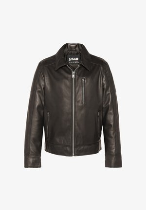 Veste en cuir noir avec fermeture éclair avant, col pointu et deux poches latérales. Comprend une poche poitrine horizontale et une texture lisse.