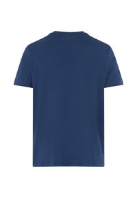 Schlichtes, marineblaues Kurzarm-T-Shirt, von hinten gezeigt, mit rundem Ausschnitt und einfachen Nähten.