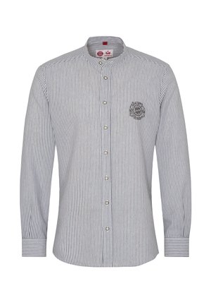 Langärmliges, schlank geschnittenes Hemd für Herren mit feinen vertikalen schwarz-weißen Streifen, Stehkragen, Knopfleiste und gesticktem Logo auf der Brust.