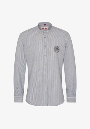 Chemise slim-fit à manches longues pour homme, avec de fines rayures verticales noires et blanches, col montant, fermeture à boutons et logo brodé sur la poitrine.
