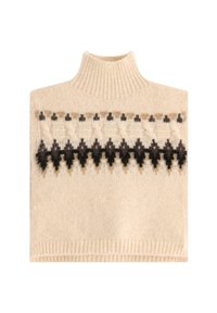 Béžový pletený pulovr s vysokým límcem, který má geometrický vzor v tmavě hnědé a světlé béžové barvě na hrudi. Měkká textura, bez rukávů.