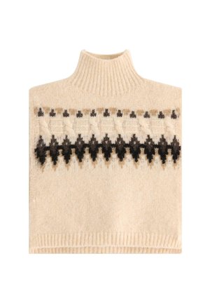 Beige strikket pullover med høj krave, der har et geometrisk mønster i mørkebrun og tan på tværs af brystet. Blød tekstur, ingen ærmer.