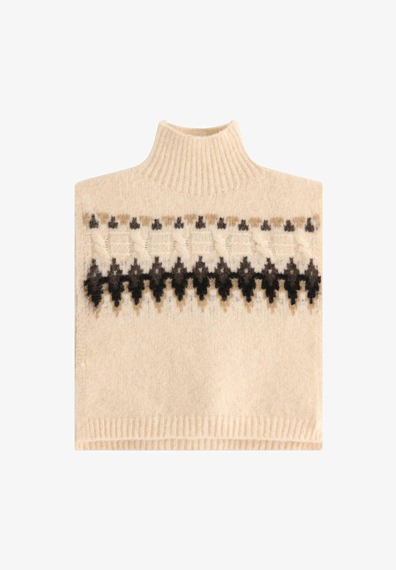 Béžový pletený pulovr s vysokým límcem, který má geometrický vzor v tmavě hnědé a světlé béžové barvě na hrudi. Měkká textura, bez rukávů.