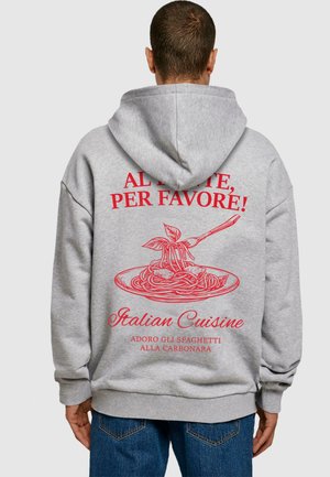 Gray hooded sweatshirt featuring red text and graphic of pasta on the back. Text includes "Italian Cuisine" and phrases in Italian.