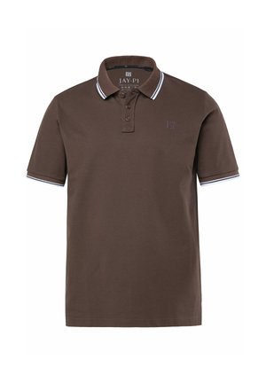 Bruine poloshirt met korte mouwen, witte gestreepte kraag en manchetten, drieknoopsbies en een subtiel logo op de linkerborst.