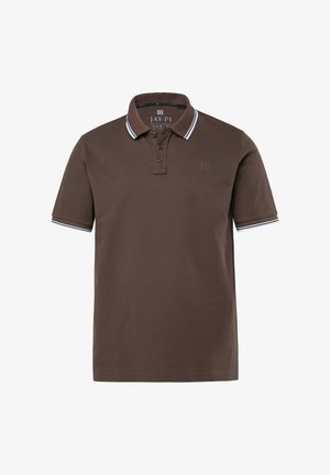 Braunes Polohemd mit kurzen Ärmeln, weiß gestreiftem Kragen und Bündchen, Drei-Knopf-Leiste und unauffälligem Logo auf der linken Brust.