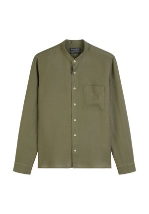 Olive green long-sleeve shirt with a stand collar, front button closure, single chest pocket, and smooth texture.