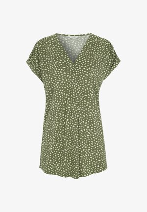 Grøn kortærmet bluse med V-udskæring og uregelmæssigt mønster af hvide prikker, løs pasform og lige kant.