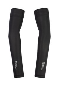 Schwarze Armsleeves aus dehnbarem Stoff mit glatter Textur. Verfügt über ein Logo-Detail in der Nähe des Handgelenks und abgeschlossene Kanten für Langlebigkeit.