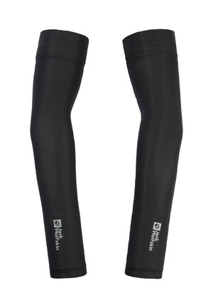 Schwarze Armsleeves aus dehnbarem Stoff mit glatter Textur. Verfügt über ein Logo-Detail in der Nähe des Handgelenks und abgeschlossene Kanten für Langlebigkeit.