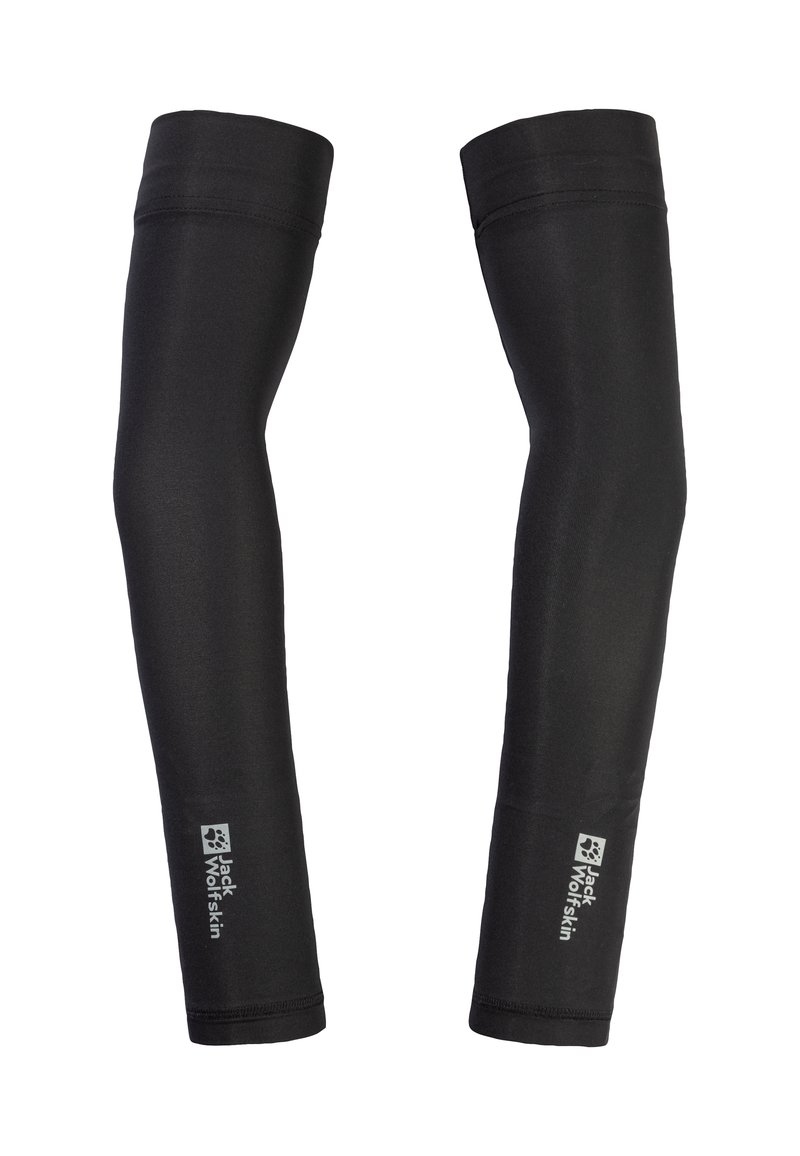 Schwarze Armsleeves aus dehnbarem Stoff mit glatter Textur. Verfügt über ein Logo-Detail in der Nähe des Handgelenks und abgeschlossene Kanten für Langlebigkeit.