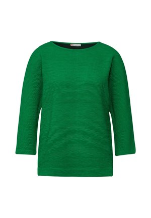 Top verde con texture, scollatura rotonda e maniche a tre quarti. Presenta un sottile dettaglio a righe orizzontali. Vestibilità regolare, design casual.