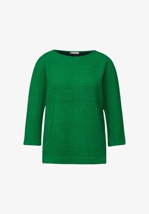 Top verde con texture, scollatura rotonda e maniche a tre quarti. Presenta un sottile dettaglio a righe orizzontali. Vestibilità regolare, design casual.