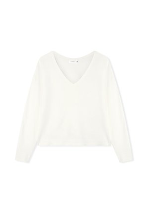 Maglione bianco a maniche lunghe con scollo a V, con polsini e orlo a coste, esposto piatto su uno sfondo bianco.