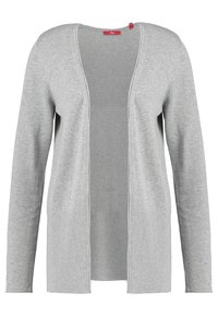 Svetle šedý kardigan s otevřeným předním dílem, dlouhými rukávy a ribbovaným lemem.