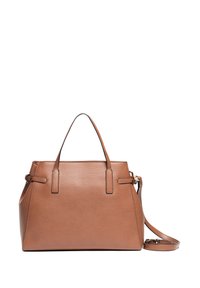 Braune Lederhandtasche mit strukturiertem Design, zwei Griffen, verstellbarem Schulterriemen und dezenten Ziernähten.