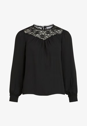 Must have debeeaza mustustega pluus, millel on pitsist kaelaosa, volditud esiosa ja elastsed mansetid. Detailne kaelus, millel on lainelised servad. Sile riidetextuur.