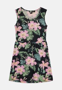 Ermeløs kjole i svart stoff med et blomstertrykk i rosa og grønne blomster. Justerbar midje med snøring og avslappet passform.
