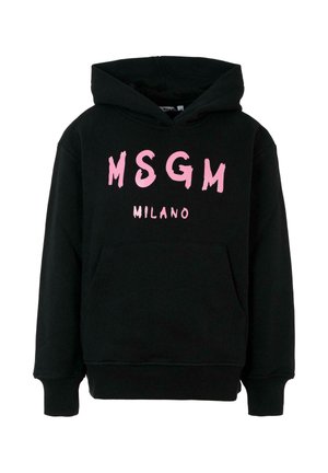 Zwarte hoodie van katoen, met een kangaroo-pocket aan de voorkant, een capuchon met trekkoorden en een gedurfde roze "MSGM MILANO" graphic op de borst.