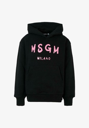 Czarna hoodie wykonana z bawełny, z przednią kieszenią typu kangur, kapturem ze sznurkiem i wyraźnym różowym napisem "MSGM MILANO" na piersi.