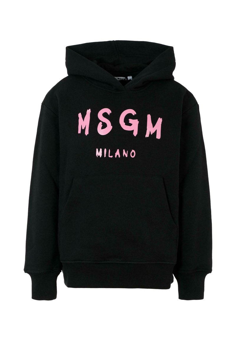 Hoodie noir en coton, avec une poche kangourou à l'avant, un capuchon à cordon de serrage et un graphique en rose vif "MSGM MILANO" sur la poitrine.