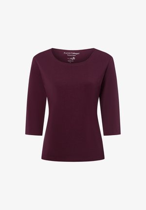 Bordowy top z rękawami 3/4 i okrągłym dekoltem, wykonany z wysokiej jakości bawełny, charakteryzujący się gładką, miękką teksturą.