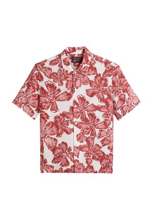 Short-sleeve shirt in white fabric with bold red floral print, featuring a classic collar and front button closure. Lightweight, breathable material.