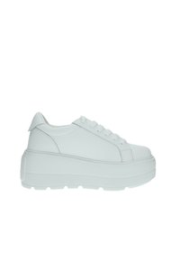 Sneaker platform bianche con tomaia in sintetico liscio, punta tonda, design con lacci e suola in gomma testurizzata per una buona presa. Costruzione leggera.