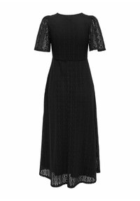 Robe midi noire avec manches courtes en dentelle, taille ajustée et superposition complète en dentelle s'étendant sous le genou.
