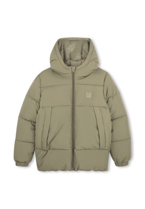 Veste d’hiver matelassée vert olive clair avec capuche, fermeture éclair devant, poignets élastiques et deux poches latérales, écusson carré avec logo sur la poitrine.