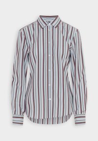 Gestreiftes Hemd in Hellblau, Dunkelblau und Bordeaux. Mit klassischem Kragen, langen Ärmeln und abgerundetem Saum. Hergestellt aus glattem Baumwollstoff.