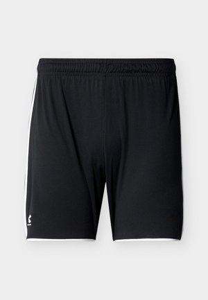 Fekete sportnadrág fehér oldalsávokkal és elasztikus derékpánttal, szemből bemutatva, egyszerű szürke háttéren.