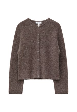 Brauner, kurzer Cardigan aus weichem Material, mit rundem Ausschnitt und sechs Knöpfen vorne. Texturierte Oberfläche, lockere Passform.