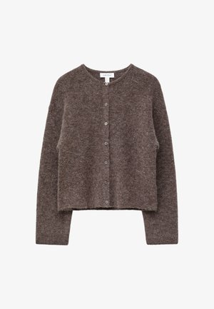 Brauner, kurzer Cardigan aus weichem Material, mit rundem Ausschnitt und sechs Knöpfen vorne. Texturierte Oberfläche, lockere Passform.